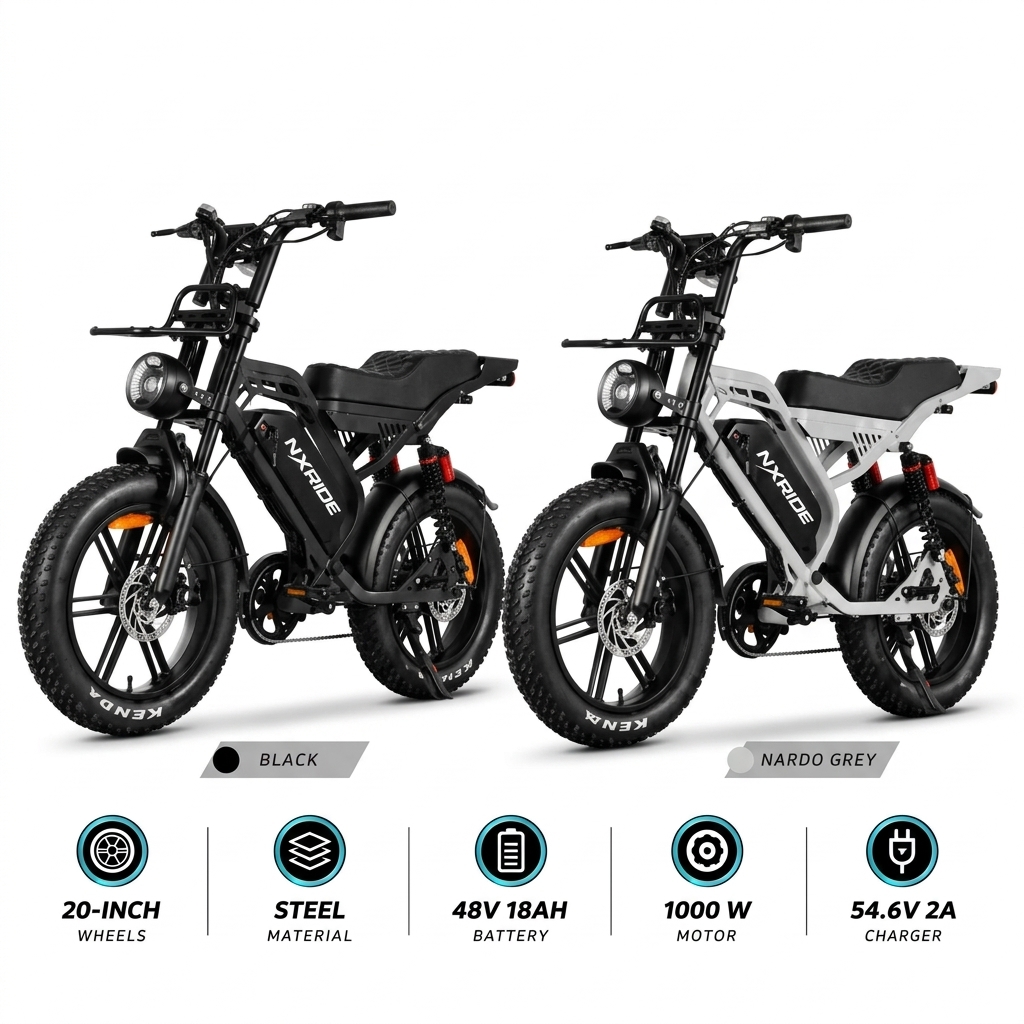 NXRIDE S20 PRO Vélo Électrique Moteur 1000W, Batterie 48V 18Ah, Roues Fat Tire 20 Pouces, Cadre en Acier